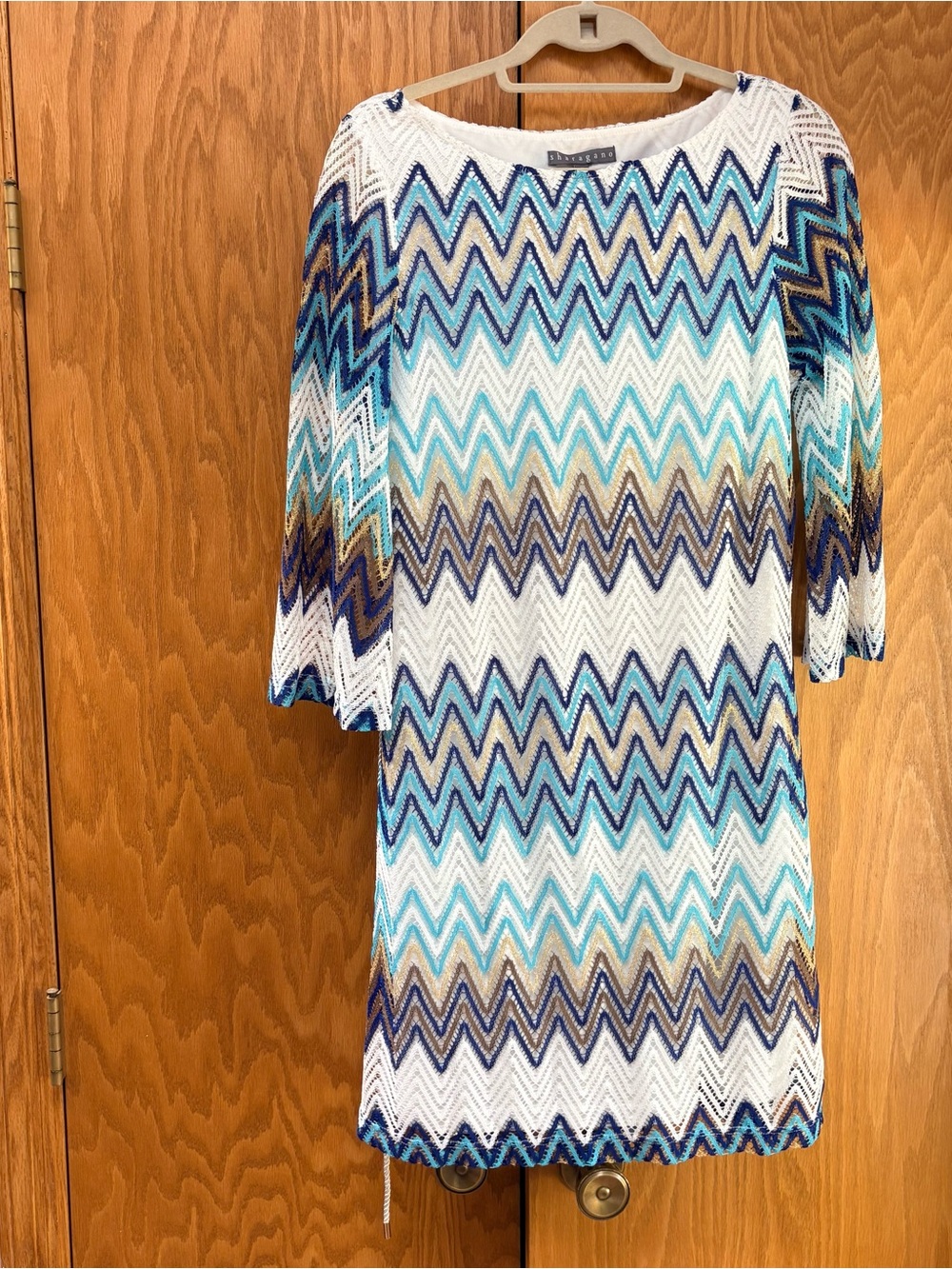 Sharagano White, Turquoise & Navy Chevron Midi Dress